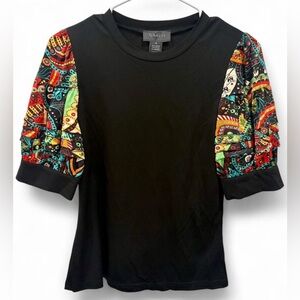 NWT Gracia Black Colorful Abstract Pattern Puff Sleeve Small Tiered Ruffle Pleat